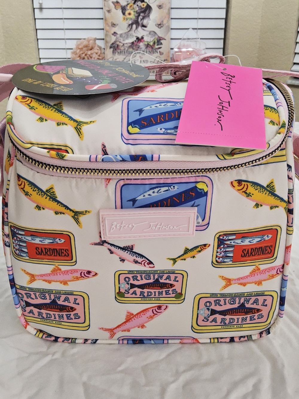 Betsey Johnson Cream Lunch Tote with Pink & Yellow Sardine Print